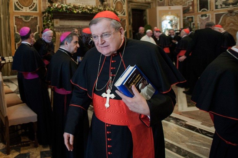 VATICAN CITY, VATICAN - DECEMBER 21: Cardinal Raymond Leo Burke attends Pope Francis' address to members of the Vatican Roman Curia gathered in the Vatican Clementine Hall for the annual Christmas Greetings on December 21, 2017 in Vatican City, Vatican. (Photo by Vatican Pool - Corbis/Corbis via Getty Images)