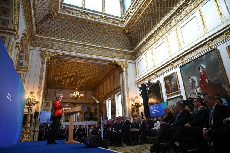 European Commission President Ursula von der Leyen delivers a keynote speech during the Future of Energy Security Summit, hosted by the International Energy Agency and UK Government at Lancaster House in London, on April 24, 2025. JUSTIN TALLIS/Pool via REUTERS