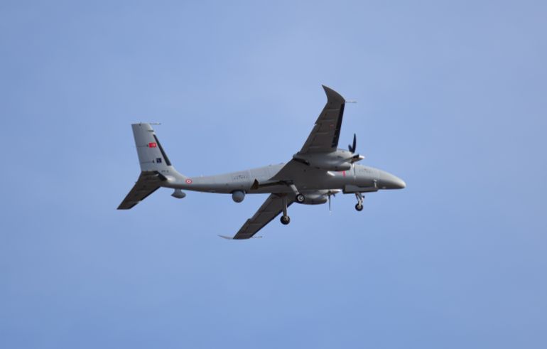 Istanbul Turkey 24 09 2021 Bayraktar Akıncı is a High-Altitude Long-Endurance (HALE) Unmanned Combat Aerial Vehicle (UCAV) being manufactured by the Turkish technology company Baykar. At Teknofest
