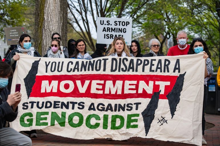 Demonstrators gather on Cambridge Common to protest Harvard's stance on the war in Gaza and show support for the Palestinian people, outside Harvard University in Cambridge, Massachusetts, April 25, 2025. (Photo by Joseph Prezioso / AFP)