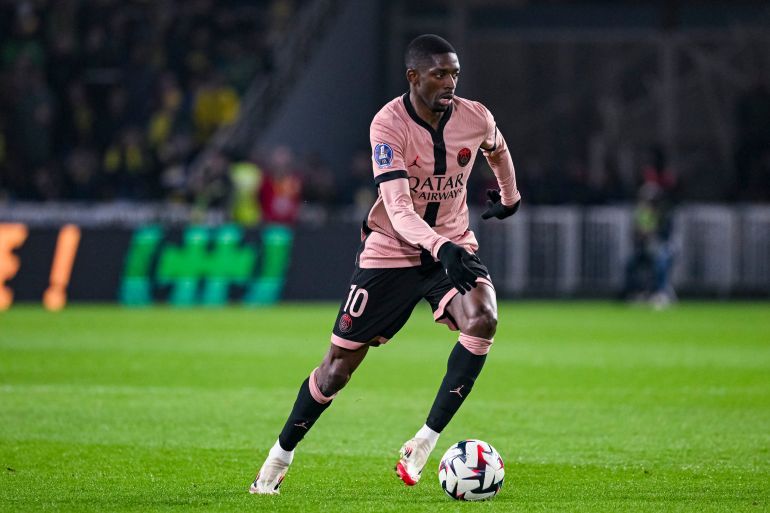 NANTES, FRANCE - APRIL 22: Ousmane Dembélé of Paris Saint Germain runs with the ball during the Ligue 1 McDonald's match between FC Nantes and Paris Saint-Germain FC at Stade de la Beaujoire on April 22, 2025 in Nantes, France. (Photo by Matthieu Mirville/Eurasia Sport Images/Getty Images)