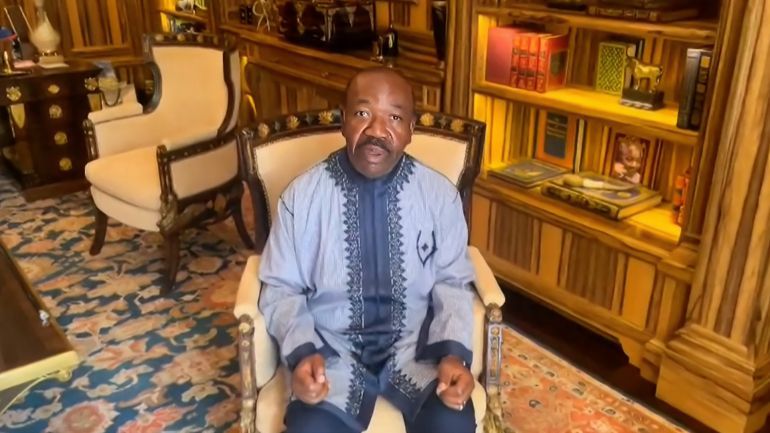 This video grab made from an unconfirmed video at an undisclosed location obtained by AFPTV on August 30, 2023 shows Gabon's deposed president, Ali Bongo Ondimba, calling on