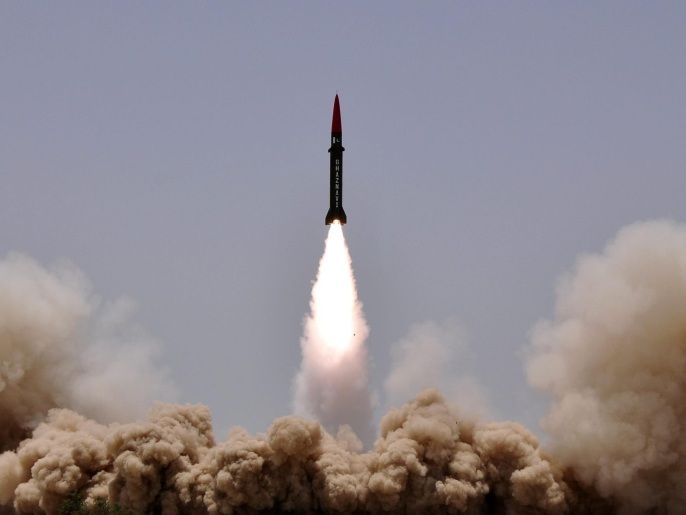 A handout picture released by the Pakistani military Inter Services Public Relations (ISPR) on 08 May 2014 shows Pakistan's Hatf-III (Ghaznavi) ballistic missile, capable of carrying nuclear warheads, taking off during a test-firing from an undisclosed location. Pakistan on 08 May 2014, conducted a successful training launch of Short Range Surface to Surface Ballistic Missile Hatf-III (Ghaznavi), capable of carrying nuclear warheads upto a range of 290 kilometers. EPA/INTER SERVICES PUBLIC RELATIONS / HANDOUT