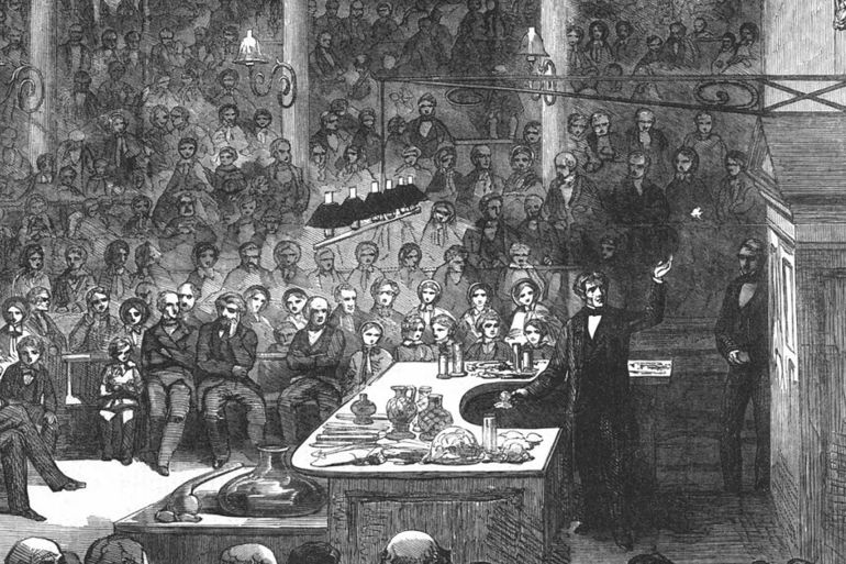 مايكل فاراداي Professor Faraday Lecturing At The Royal Institute1856 Professor Faraday lecturing at the Royal Institute before the Prince Consort and the Prince of Wales, 1856', (1901). Michael Faraday (1791-1867) giving a lecture attended by Prince Albert and his son, Prince Albert Edward (future King Edward VII). Faraday was one of the greatest scientists of the 19th century. His most significant contribution was