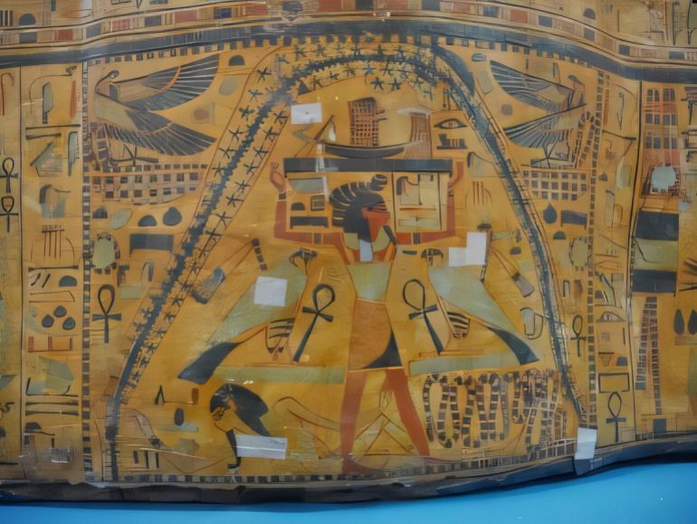 Nut’s cosmological vignette on the outer coffin of Nesitaudjatakhet in the collection of Odessa Archaeological Museum OAM 52976 (C107). Nut’s body is covered in stars as well as a thick, undulating black curve that runs from the soles of her feet to the tips of her fingers. This curve, surrounded by stars on both sides, is reminiscent of the Milky Way’s Great Rift. Credit: Mykola Tarasenko; Odessa Archaeological Museum, NASU