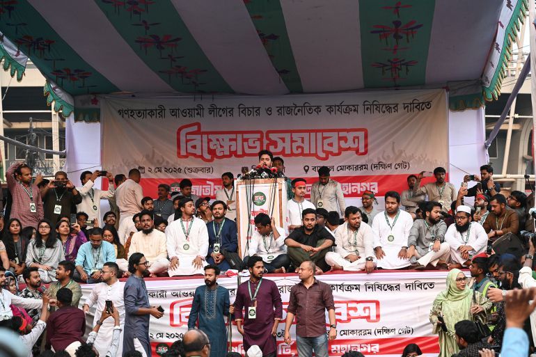 Activists and general people attend a protest rally demanding a ban on the Awami League's trials and political activities in Dhaka, Bangladesh, on May 2, 2025. The National Citizens Party (NCP) holds a protest rally demanding a ban on the Awami League's trials and political activities in Dhaka. (Photo by Mamunur Rashid/NurPhoto via Getty Images)