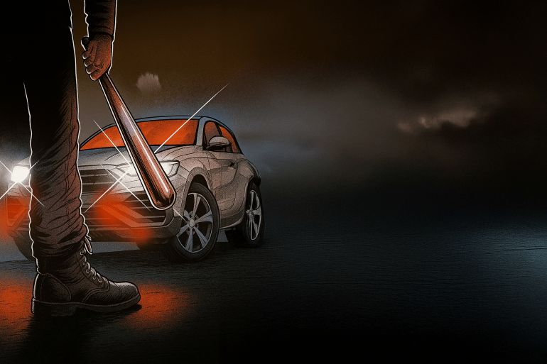 An illustration of a figure in the foreground holding a bat in front of a car_ (design by chatGPT)