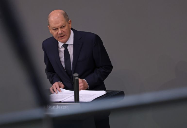 BERLIN, GERMANY - MARCH 02: German Chancellor Olaf Scholz speaks in the Bundestag one year on since his
