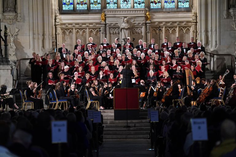 The Parliament Choir and Sinfonia Smith Square performing in Westminster Hall in the Palace of Westminster in London, London during a VE Day anniversary concert. Picture date: Wednesday May 7, 2025. (Photo by Stefan Rousseau/PA Images via Getty Images)