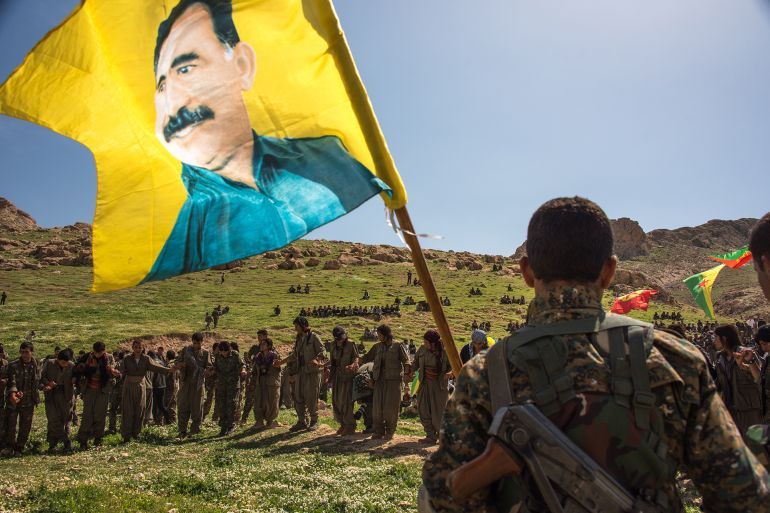 Soldiers with Kurdish militias in Sinjar, Iraq, celebrating the birthday of Abdullah Ocalan, a Kurdish nationalist leader and one of the founding members of the Kurdistan Workers' Party (PKK). Photos taken April 2016. (Photo by Diego Cupolo/NurPhoto via Getty Images)