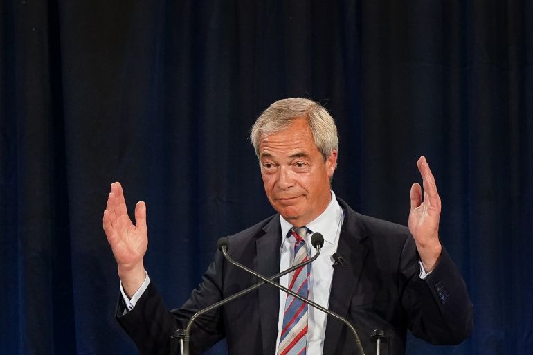 DURHAM, ENGLAND - MAY 02: Reform UK party leader Nigel Farage is seen celebrating as he addresses supporters and councillors after Reform UK took control of Durham County Council after winning more than half of the seats on May 02, 2025 in Durham, England. The Reform Party won the Runcorn by-election by a slim margin of six votes, taking the safe seat from Labour. They are picking up council seats across England from the Conservatives and Labour, and have installed a new Mayor in Greater Lincolnshire in last night's local elections. (Photo by Ian Forsyth/Getty Images)