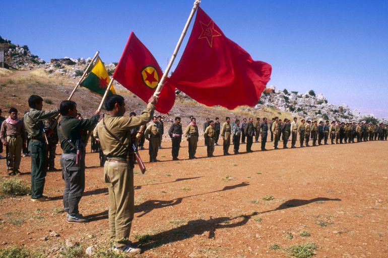 PKK soldiers at the Mahsun Korkmaz Academy military training camp. | Location: Lebanon. (Photo by Maher Attar/Sygma via Getty Images)