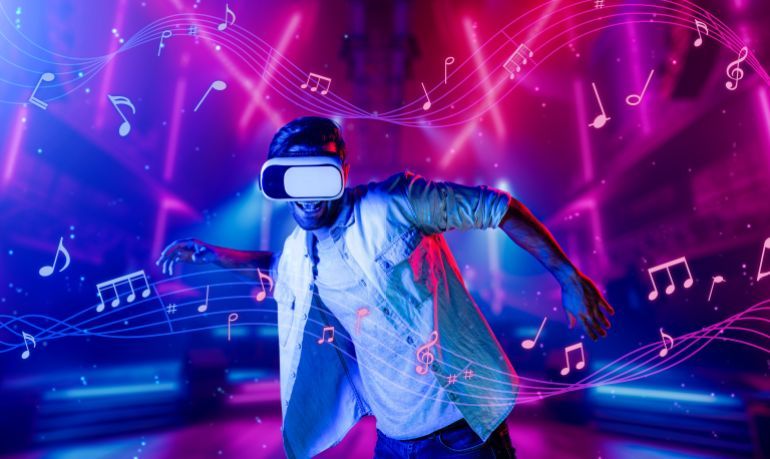 Caucasian man moving to music while using virtual reality glasses. Energetic person with casual cloth enjoy dancing while enter metaverse or simulated world surrounded with music notes. Deviation.