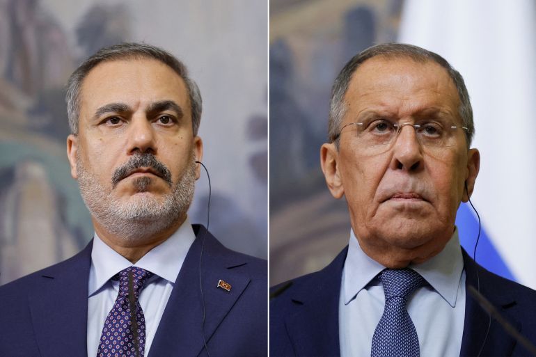 كومبو لوزيري الخارجية التركي هاكان فيدان (يمين) والروسي سيرغي لافروف (يسار) Hakan Fidan Sergey Lavrov