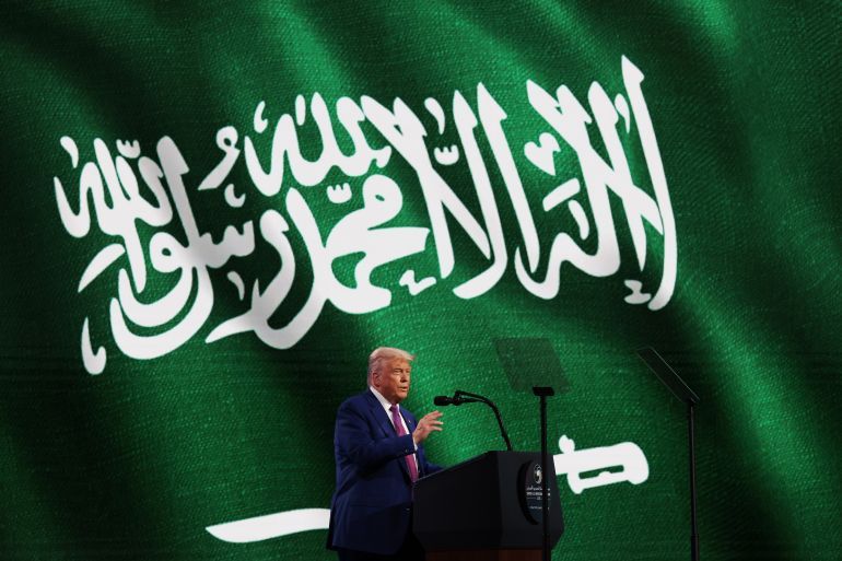 RIYADH, SAUDI ARABIA - MAY 13: U.S. President Donald J. Trump addresses the audience at the King Abdul Aziz International Conference Center while attending a Saudi-U.S. business investment forum, on May 13, 2025, in Riyadh, Saudi Arabia. Trump begins a multi-nation tour of the Gulf region focused on expanding economic ties and reinforcing security cooperation with key U.S. allies. (Photo by Win McNamee/Getty Images)