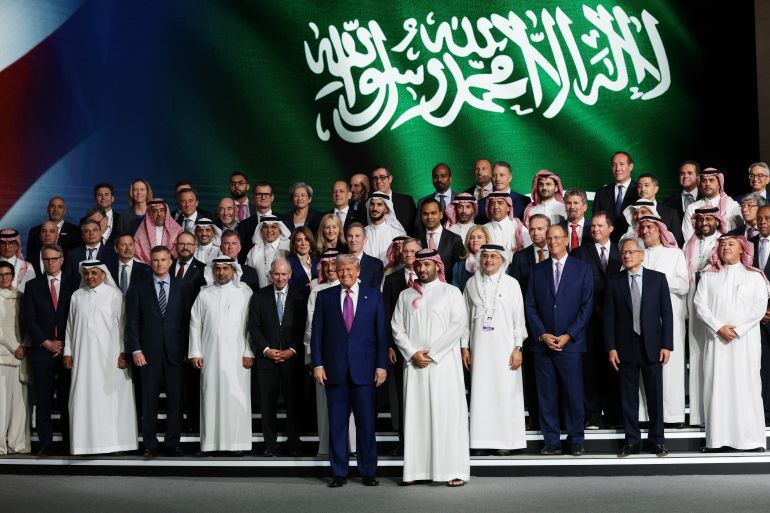 RIYADH, SAUDI ARABIA - MAY 13: U.S. President Donald J. Trump (centre left) and Saudi Crown Prince Mohammed bin Salman (centre right) pose for a photo with business leaders at the King Abdul Aziz International Conference Center while attending a Saudi-U.S. business investment forum on May 13, 2025, in Riyadh, Saudi Arabia. Trump begins a multi-nation tour of the Gulf region focused on expanding economic ties and reinforcing security cooperation with key U.S. allies. (Photo by Win McNamee/Getty Images)