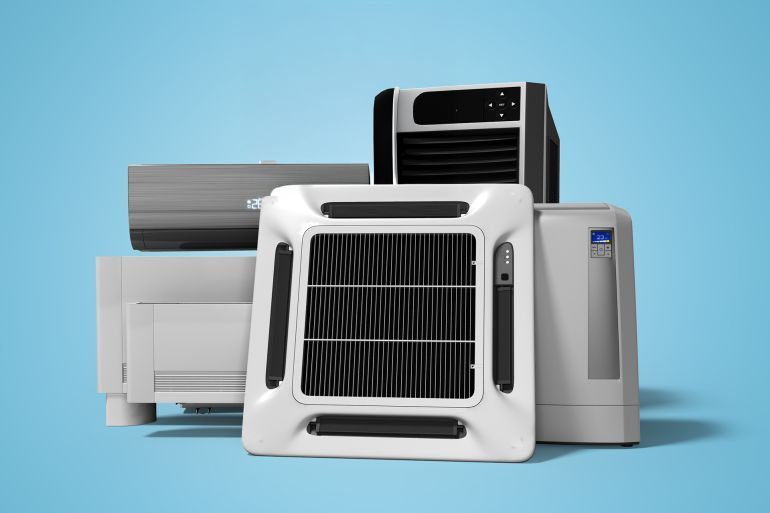 Concept group of equipment for cooling and air conditioning of large rooms 3d render on blue background with shadow