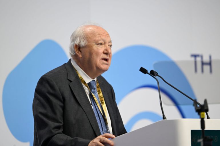 CASCAIS, PORTUGAL - NOVEMBER 26: Miguel Ángel Moratinos, Under-Secretary-General and High Representative for UNAOC, delivers closing remarks at the opening ceremony of the United Nations