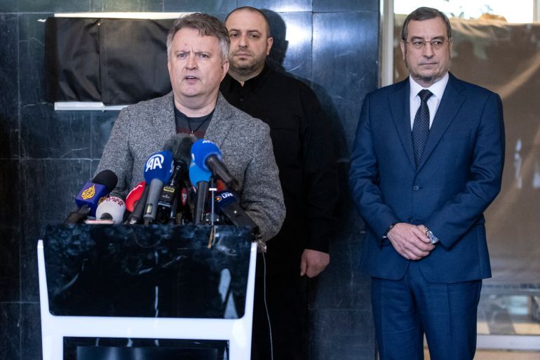 Ukraine Deputy Foreign Minister Sergiy Kyslytsya, flanked by Ukraine's top negotiator and Defence Minister Rustem Umerov (C) and deputy head of Ukraine’s military intelligence Vadym Skibitsky (R), speaks to journalists after a meeting with the Russian delegates in Istanbul on May 16, 2025.