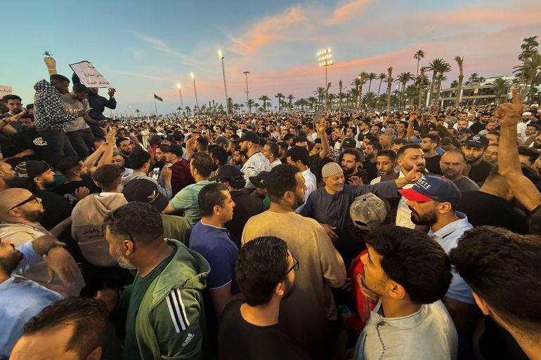 Demonstrators demand the overthrow of the Libya's Government of National Unity headed by Abdulhamid al-Dbeibah, in Martyrs' Square in Tripoli, Libya. May 16, 2025. REUTERS/Ayman al-Sahili