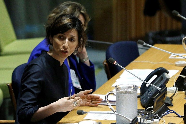 NEW YORK, USA - MAY 18: Francesca Albanese (L), delivers a speech during the UN Forum on the Question of Palestine at the United Nations Trusteeship Council Chamber in New York, United States on May 18, 2018.