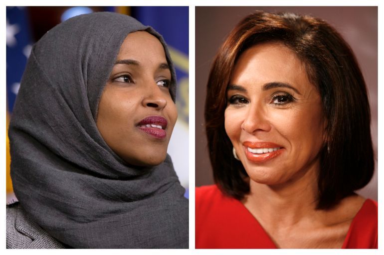 FILE - This combination of 2018 and 2010 file photos shows Rep. Ilhan Omar, D-Minn., left, and Fox News host Jeanine Pirro. On Friday, April 12, 2019, The Associated Press has found that stories circulating on the internet that Omar has filed $100 million lawsuit against Pirro, are untrue. Pirro's show was absent from Fox News programming for two weeks after her controversial comments about Omar's religious headwear. It has since returned. (AP Photo/J. Scott Applewhite, Jeff Christensen)