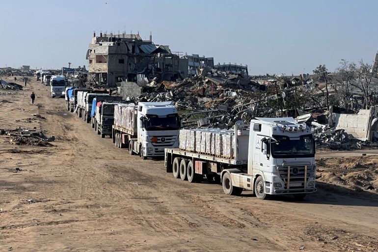 A truck carrying aid moves, amid a ceasefire between Israel and Hamas, in Rafah in the southern Gaza Strip, February 13, 2025. REUTERS/Hussam Al-Masri