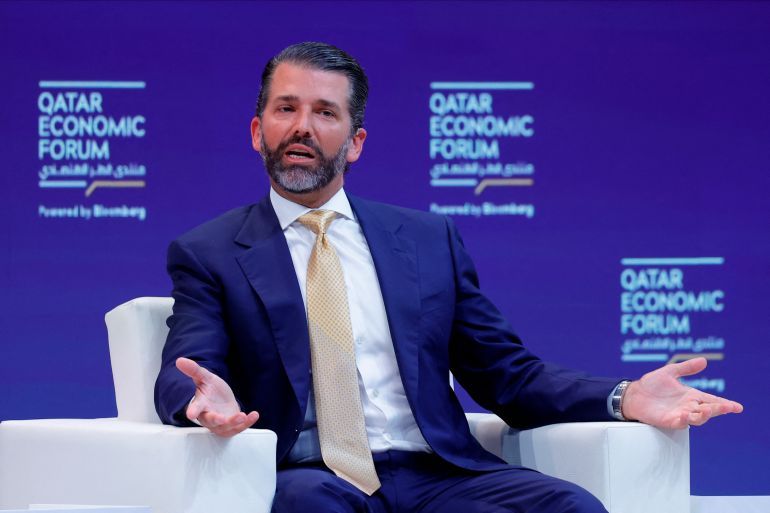 Donald Trump Jr. speaks during a session in the Qatar Economic Forum in Doha on May 21, 2025. (Photo by Karim JAAFAR / AFP)