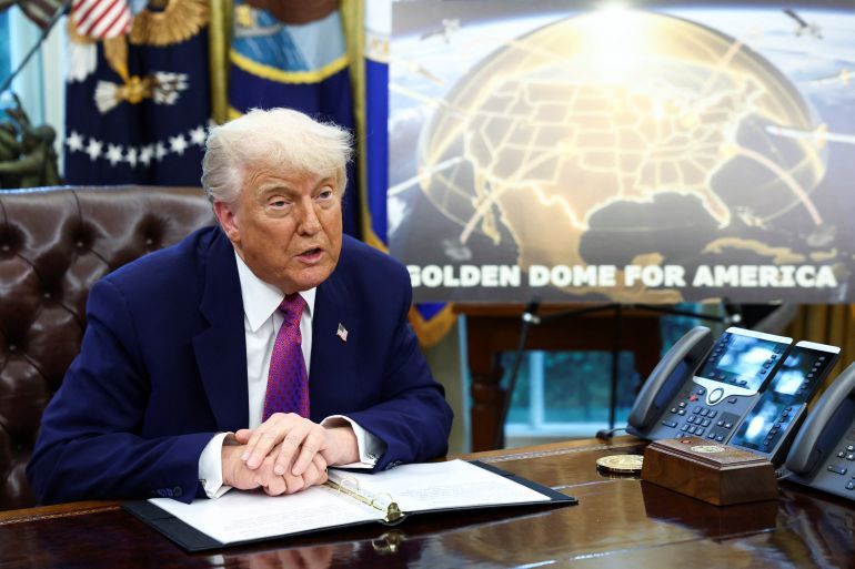 U.S. President Donald Trump makes an announcement regarding the Golden Dome missile defense shield in the Oval Office of the White House in Washington, D.C., U.S., May 20, 2025. REUTERS/Kevin Lamarque
