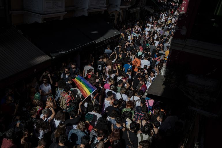 ISTANBUL, TURKEY - JUNE 30: LGBT supporters walk down a street on June 30, 2019 in Istanbul, Turkey. For the fifth year in a row the Pride March was banned by authorities. People gathered in a small street before being met and dispersed by police units. Newly elected Istanbul mayor Ekrem Imamoglul announced that any group was free to demonstrate as long as they do not disturb the peace and he will discuss the ban with relevant authorities in the coming weeks.