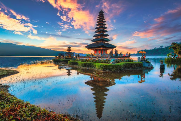 Pura Ulun Danu Bratan. Hindu temple on Bratan lake landscape. One of famous tourist attraction in Bali. Indonesia