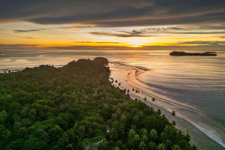 Aerial view of Samaleko island (Pulau Samaleko) at sunset, North Sumatra, Indonesia - stock photo