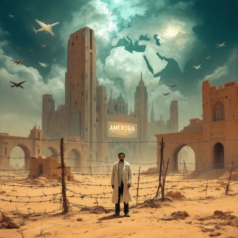 A surreal, dystopian desert fortress deep in the Empty Quarter (Rub' al Khali), blending Western high-tech architecture with decaying Middle Eastern ruins. A lone man, Arab-American in appearance, stands behind barbed wire, wearing a torn lab coat, eyes filled with both intelligence and sorrow. In the sky, ghostly images of warplanes and fractured maps of the Arab world float. A digital screen on the fortress reads