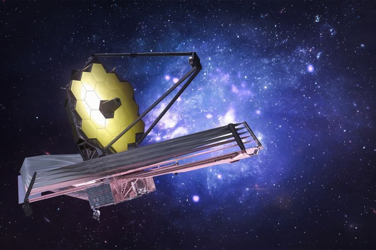James Webb space telescope in deep space research far galaxies. JWST and gaalxy. Space observatory. Sci-fi collage. Elements of this image furnished by NASA (url: https://www.nasa.gov/sites/default/files/styles/full_width_feature/public/thumbnails/image/755409main_webb.jpg)
