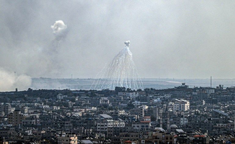 GAZA CITY, GAZA - OCTOBER 11: Smoke rises as the Palestinian Foreign Ministry claimed that Israel used phosphorus bombs in its attacks on populated areas in Gaza City, Gaza on October 11, 2023. (Photo by Ali Jadallah/Anadolu via Getty Images)