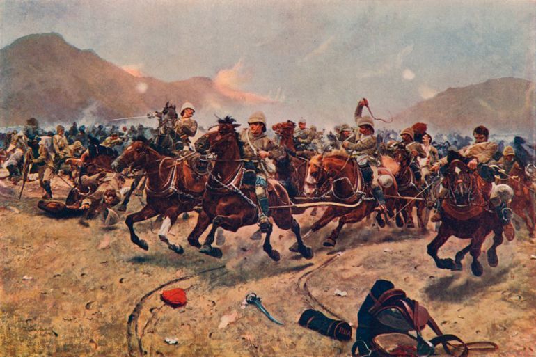Maiwand - Saving the Guns', (1901). The Battle of Maiwand in Afghanistan took place on 27 July 1880 during the Second Anglo-Afghan War. Emir Ayub Khan and Malalai of Maiwand, a woman, defeated a British brigade. Malalai rallied local fighters and fought alongside the Emir, resulting in the Afghan victory. Although the British lost, they managed to capture some of the enemy artillery. After 'Maiwand 1880: Saving the Guns', painting made in 1882, in the Walker Art Gallery, Liverpool. From 