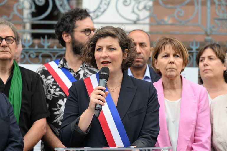 Mayor of Strasbourg Jeanne Barseghian addresses participants as they take part in a nationwide action in Strasbourg, eastern France on July 3, 2023, after France's mayors have called on the population and elected representatives to gather in front of all town halls at midday, invoking
