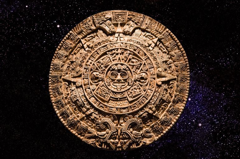 Close-up of stone carved Maya Calendar, Yucatan - stock photo