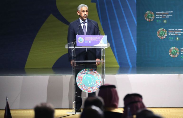 epa12143637 Sidi Ould Tah of Mauritania addresses delegates after he was elected the ninth president of the African Development Bank Group (AfDB) at the group's annual meeting in Abidjan, Ivory Coast, 29 May 2025. The annual meeting will be held from 26 to 30 May 2025 at the bank's headquarters in Abidjan, under the motto: 'Making the Most of Africa's Capital to Promote its Development'. EPA-EFE/LEGNAN KOULA
