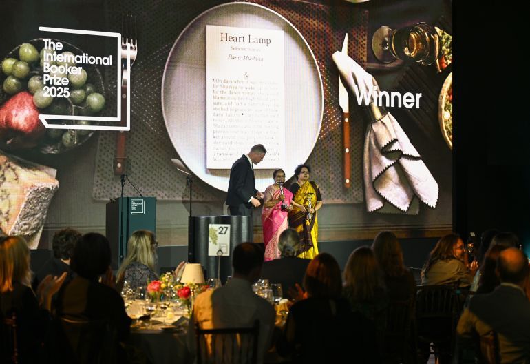 LONDON, ENGLAND - MAY 20: Chair of Judges Max Porter (L) with Banu Mushtaq, author of