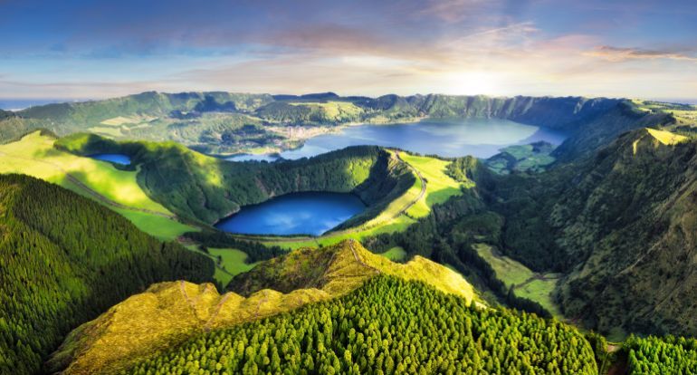 Azores at sunset - Beautiful lake, forerst and mountain of Sete Cidades from drone, Portugal Europe