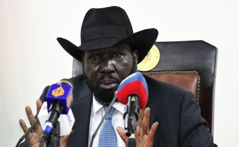 South Sudan's President Salva Kiir addresses a news conference at the State House in Juba, South Sudan March 28, 2022. REUTERS/Jok Solomun