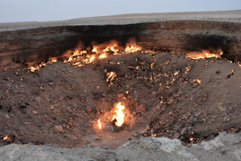 DERWEZE, TURKMENISTAN - APRIL 2: A view of gas crater also known as Gate to Hell, has been burning for almost half of a century is seen as it is planned to be closed due to negative effects on human health and environmental damage. in Derweze, Turkmenistan on April 2, 2022. The