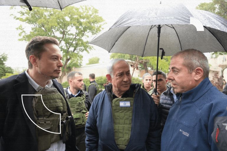 KRAR AZA, ISRAEL - NOVEMBER 27: In this handout image provided by the GPO, Israel's Prime Minister Benjamin Netanyahu (C) takes Elon Musk (L) on a tour of Kibbutz Kfar Aza after the October 7th Massacre took place there, on November 27, 2023 in Kfar Aza, Israel. Billionaire and boss of the social network X, Elon Musk, travelled to Israel during the truce between Israel and Hamas. Musk is due to speak with Israeli President Isaac Herzog about the online fight against anti-Semitism. (Photo by Amos Ben-Gershom (GPO) Handout via Getty Images)