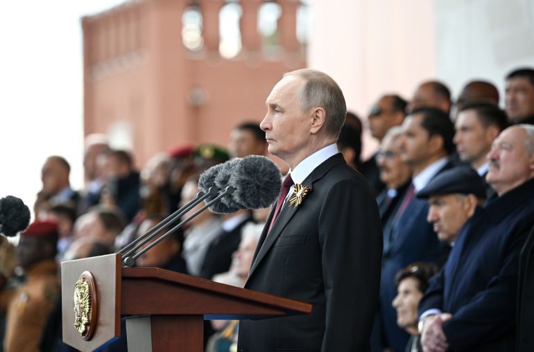 MOSCOW, RUSSIA - MAY 09: (----EDITORIAL USE ONLY - MANDATORY CREDIT - 'SERGEY BOBYLEV / HOST PHOTO AGENCY RIA NOVOSTI / HANDOUT' - NO MARKETING NO ADVERTISING CAMPAIGNS - DISTRIBUTED AS A SERVICE TO CLIENTS----) President of Russia Vladimir Putin speaks during the celebrations of the 80th anniversary of Victory in the Great Patriotic War on May 09, 2025, in Moscow, Russia. Russia marks the 80th anniversary of Victory in the Great Patriotic War of 1941-1945. ( Sergey Bobylev/ RIA Novosti - Anadolu Agency )