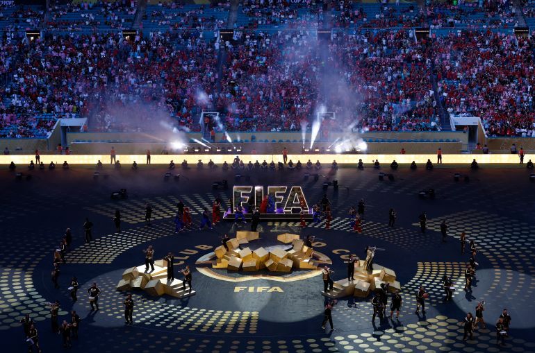 [Subscription Customers Only] Jun 14, 2025; Miami Gardens, Florida, USA; General view of performers during the opening ceremony before a group stage match of the 2025 FIFA Club World Cup at Hard Rock Stadium. Mandatory Credit: Marco Bello-Reuters via Imagn Images