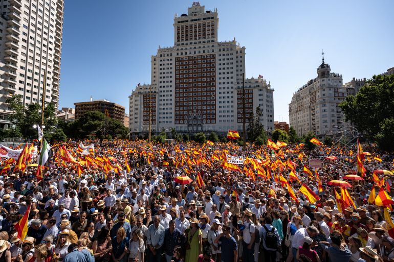 MADRID, SPAIN - JUNE 8: Massive demonstration is held in Plaza de Espana, led by Alberto Nunez Feijoo, leader of the conservative Popular Party (Partido Popular), against the government of President Pedro Sanchez, demanding his resignation over alleged corruption scandals involving his relatives and close political allies, in Madrid, Spain on June 8, 2025. (Photo by Diego Radames/Anadolu via Getty Images)