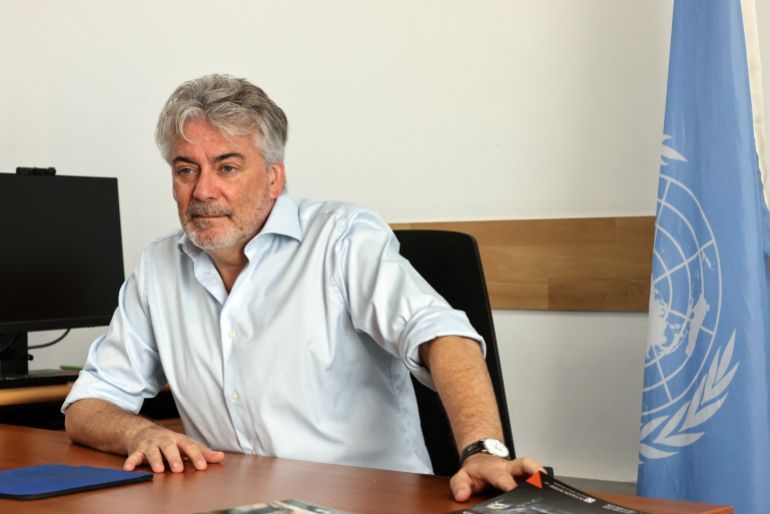 United Nations Interim Force in Lebanon (UNIFIL) spokesperson Andrea Tenenti gives an interview at the UNIFIL House in Baabda east of Beirut on October 12, 2024. UN peacekeepers in Lebanon warned on October 12, against a