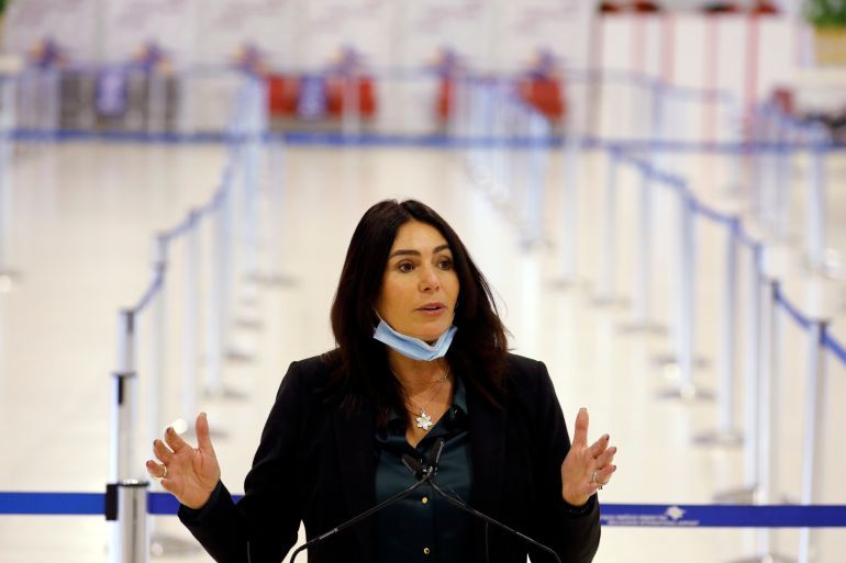 Israeli Transportation Minister Miri Regev speaks during a presentation as Ben Gurion international airport introduced a rapid coronavirus disease (COVID-19) testing system in an effort to restore commercial aviation and facilitate