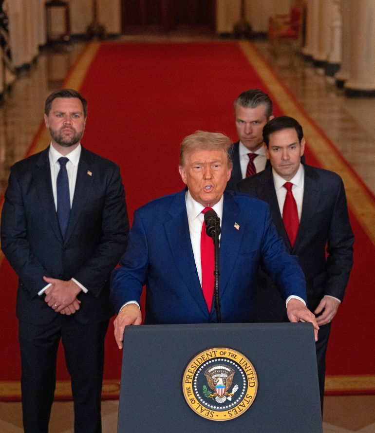 US President Donald Trump addresses the nation, alongside US Vice President JD Vance (L), US Secretary of State Marco Rubio (2nd R) and US Secretary of Defense Pete Hegseth (R), from the White House in Washington, DC on June 21, 2025, following the announcement that the US bombed nuclear sites in Iran.